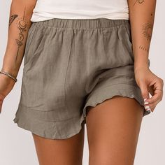 Jayla Shorts Are Perfect For Everyday Wear. They Are Made From Soft And Breathable Fabric, With An Elastic Waistband And Side Pockets For A Comfortable Fit. The Stylish Ruffled Detail Adds A Touch Of Femminity, Making These Shorts Ideal For Casual Occasions. Solid Color Summer Shorts With Relaxed Fit, Solid Bermuda Shorts For Vacation, Beach Shorts With Pockets, Solid Color Knee-length Shorts For Vacation, Solid Knee-length Shorts For Vacation, Beach Season Shorts With Elastic Waistband, Solid Color Shorts With Elastic Waistband For Beach Season, Summer Pajama Shorts With Pockets And Short Inseam, Solid Summer Pajama Shorts