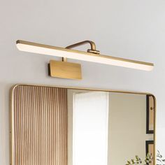 a bathroom vanity with a mirror and light on it's side, next to a plant