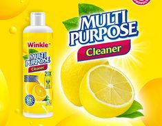 a bottle of muti purpose cleaner next to a lemon and some other items on a yellow background