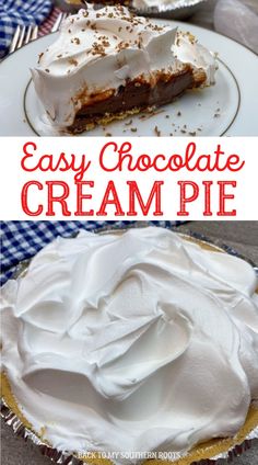 an easy chocolate cream pie with whipped cream on top and the same dessert in front