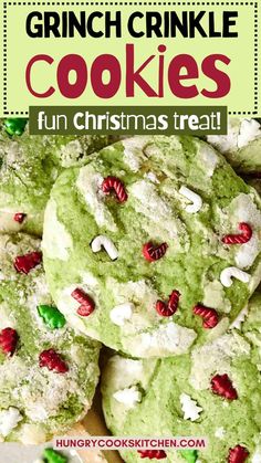 green crinkle cookies with white and red sprinkles in the middle