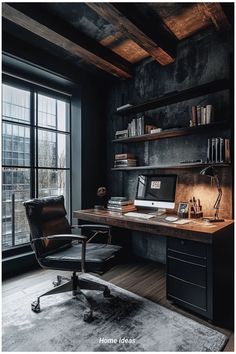 an office with a desk, chair and bookshelf next to a large window