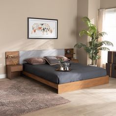 Baxton Studio Sami Modern and Contemporary Light Grey Fabric Upholstered and Walnut Brown Finished Wood Queen Size Platform Storage Bed with Built-In Nightstands FredCo theFredCo