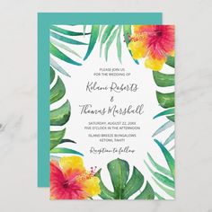 a tropical wedding card with flowers and leaves