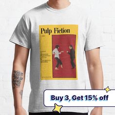 a man wearing a t - shirt with the cover of pulp fiction magazine on it