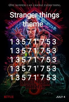 the poster for strange things is shown with numbers and symbols in front of it, as well as an image of two people