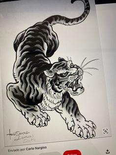 a drawing of a tiger running across a white sheet with the words envvado por curio nargio on it