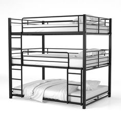 the bunk bed is black and has white sheets