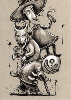 an ink drawing of two people dressed in costumes and hats, one with a skull on his head