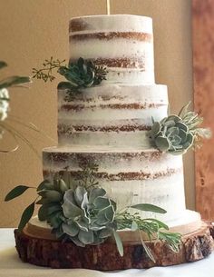 a three tiered cake with succulents and greenery