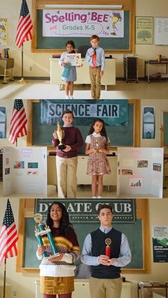 four pictures of children standing in front of a chalkboard with the words science fair on it