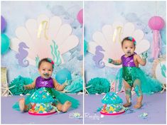 a baby girl wearing a mermaid costume and eating cake