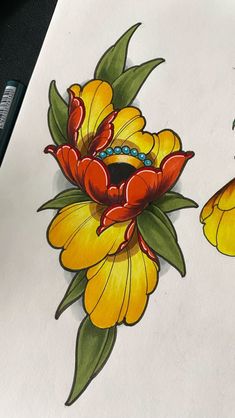 a drawing of two yellow flowers with green leaves on top of it and one red flower in the middle