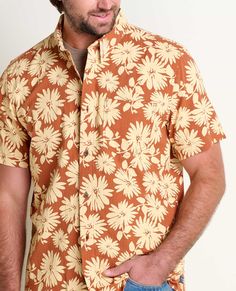 What are the qualities of the perfect travel shirt? One that’s light on the skin, drapes like a dream, and, get this, is pre-wrinkled in the best way. Good times ahoy! Toad And Co, Wood Clothes, Large Floral Print, Travel Shirt, Travel Shirts, Mens Shirt, Fabric Names, Button Down Collar, Chest Pocket