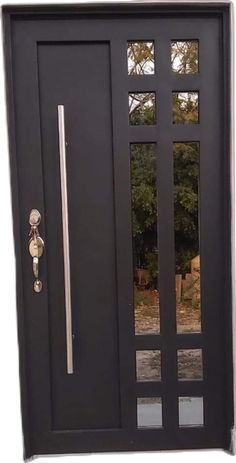 a black front door with two sidelights and an iron handle on the glass panel