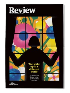 a magazine cover with an image of a person standing in front of a window