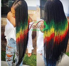 Long Rasta Braids For Black Women, Rasta Hairstyles Braids Colors, Jamaica Braids, Big Rasta Braids Hairstyles, Feed In Braids Designs, Box Braids With Rainbow Color, Rainbow Box Braids Ombre, Braiding Hair Colors, Unique Hair Clip