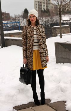 Leopard Coat, Black and White Striped Shirt, Mustard Yellow Skirt Leopard Sweater Outfit, Leopard Top Outfit, Penny Pincher Fashion, Mustard Skirt, Leopard Coat, Penny Pincher, Leopard Print Coat, Leopard Top, Leopard Sweater