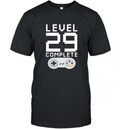 a black t - shirt with the words level 29 complete and a video game controller