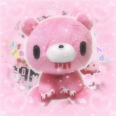 a pink teddy bear sitting on top of a pink background with stars and sparkles