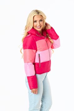 Puffer Jackets don't get more stylish than this! The Addison is the perfect addition to your winter coat collection! She features a zip up and snap closure, a color-block design, and two side pockets! Pair her with leggings, bodysuit, and sneakers for a cute on-the-go look! Product Details: Fit: The Addison Jacket fits true to size. Length: The small measures 23.5" from shoulder to hem. Bust: Accommodating to most bust sizes. Waist: Relaxed fit Fabric: ﻿Fabric does not contain stretch. Material: Spring Nylon Outerwear With Patchwork, Pink Quilted Puffer Jacket For Cold Weather, Pink Quilted Puffer Jacket For Winter, Pink Nylon Winter Outerwear, Winter Nylon Pink Outerwear, Pink Nylon Puffer Jacket For Spring, Pink Quilted Puffer Jacket For Fall, Trendy Pink Patchwork Outerwear, Multicolor Winter Outerwear With Contrast Colors