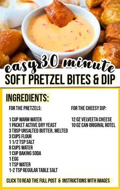 the instructions for how to make soft pretzel bites and dips in minutes