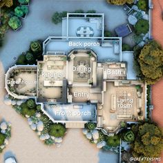 an aerial view of a large house with lots of rooms and bathrooms on the first floor