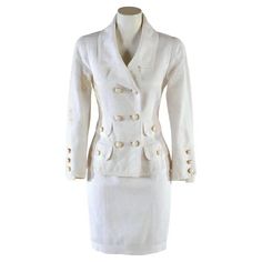 CHANEL boutique Suit white cotton jacket and skirt late 80s For Sale at 1stDibs | chanel womens suit, skirt suits, white chanel suit 1stdibs Chanel, Boutique Suit, Womens Suit, Chanel Suit, Vintage Suit, Chanel Boutique, Suit White, Boutique Suits, Skirt Suits