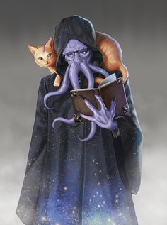 an octopus is holding a book and a cat in it's lap while wearing a hooded jacket