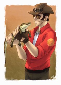 a drawing of a man holding a small lizard in his right hand and wearing a hat