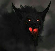 an evil looking monster with red eyes and long black hair is in the dark clouds