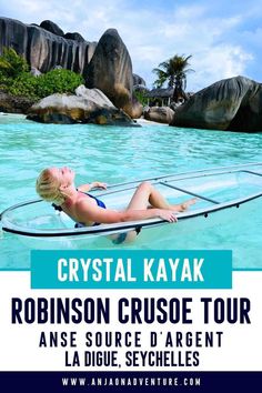 a woman laying on top of a surfboard in the ocean with text reading crystal kayak robinson cruise tour