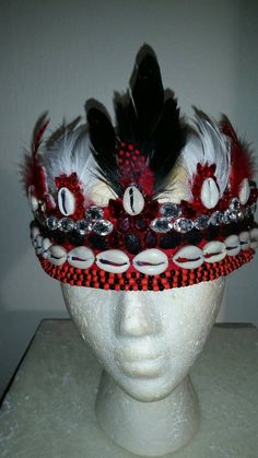 Crown for Orisha Orisa Ellegba Elegua adorned with cowrie shells rhinestones crystals guinea & goose Red Bohemian Headpiece For Party, Bohemian Red Headpiece For Party, Handmade Red Festival Headpieces, Red Handmade Festival Headpieces, Handmade Red Headpieces For Festivals, Adjustable Red Headpieces For Festivals, Red Ceremonial Headpiece For Festivals, Traditional Red Headpieces For Festival, African Cake