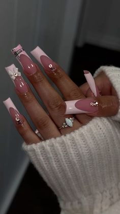 Long Square Acrylic Nails Pink, Baddie Winter Nails, Nails Suggestions, Baddie Christmas Nails, Pink Baddie Nails, Pink Frenchies, Nail Designs Pink, French Manicure Acrylic Nails, Acrylic Nail Designs Classy