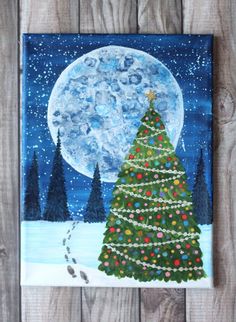 a painting of a christmas tree in front of a full moon on a wooden fence