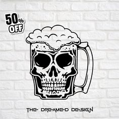 a white brick wall with a black and white drawing of a skull in a beer mug