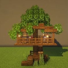 the tree house is made out of wood and has lights on it's roof