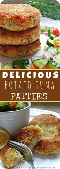 delicious potato tuna patties with salad in the background and text overlay that reads delicious potatoes, potato tuna patties