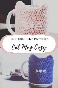 two crocheted mug cozys with the text free crochet pattern cat mug cozy