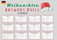 the german christmas quiz is shown with santa's hat on it and other items