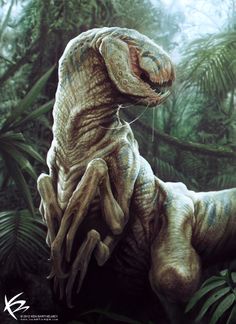 an artist's rendering of a dinosaur in the jungle