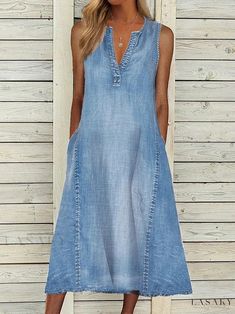 Lasaky - Sleeveless Loose-Fit Denim Dress in Solid Color Floryday Vestidos, Casual Denim Dress, Loose Midi Dress, Sleeveless Denim Dress, Denim On Denim, Long Beach Dress, Summer Denim, Elegante Casual, Modern Blue