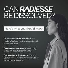 a woman with long black hair standing in front of a poster that says, can radiesse be dissoled?