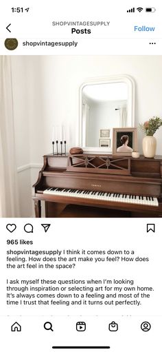 an old piano is sitting in front of a mirror with the caption on it