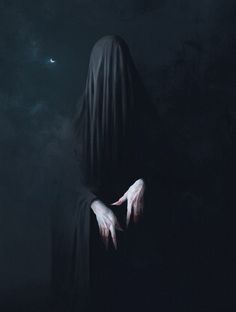 a woman in a black veil holding her hands out to the sky with a crescent moon behind her