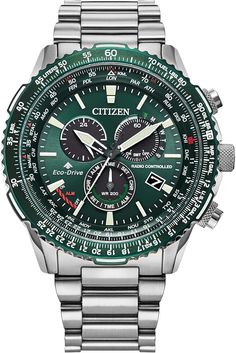 Citizen Eco-Drive Pilot Chronograph Watch with Atomic Timekeeping, 12/24HR, Power Reserve, Luminous Hands/Markers, Sapphire Crystal - Green Dial Solar Watch, Slide Rule, Field Watches, Boys Gift, Mens Chronograph, Green Bracelet