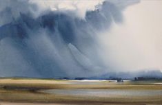 an abstract painting of a storm coming in from the ocean with blue and white colors