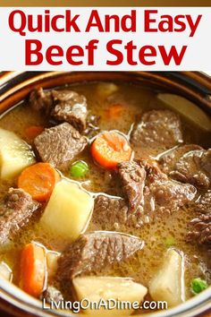 a bowl of beef stew with carrots, potatoes and celery in it