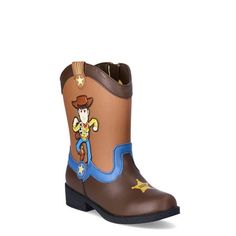 a child's cowboy boot with a brown and blue design on the soles