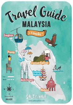 an illustrated map of malaysia with the words travel guide in english and thai on it